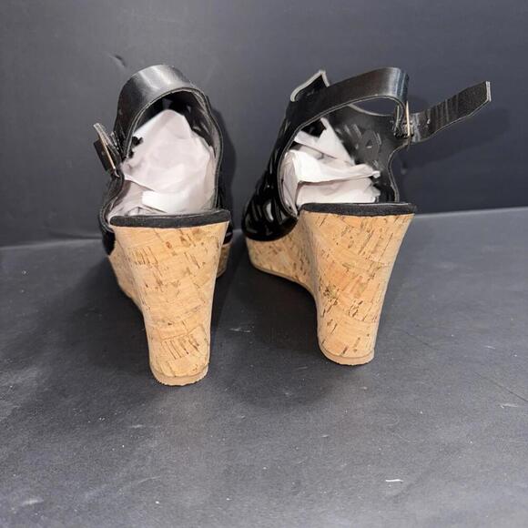 Pierre Dumas Black Tooled Faux Leather Classic Chic Boho Wedge Sandal Platform - Picture 5 of 15